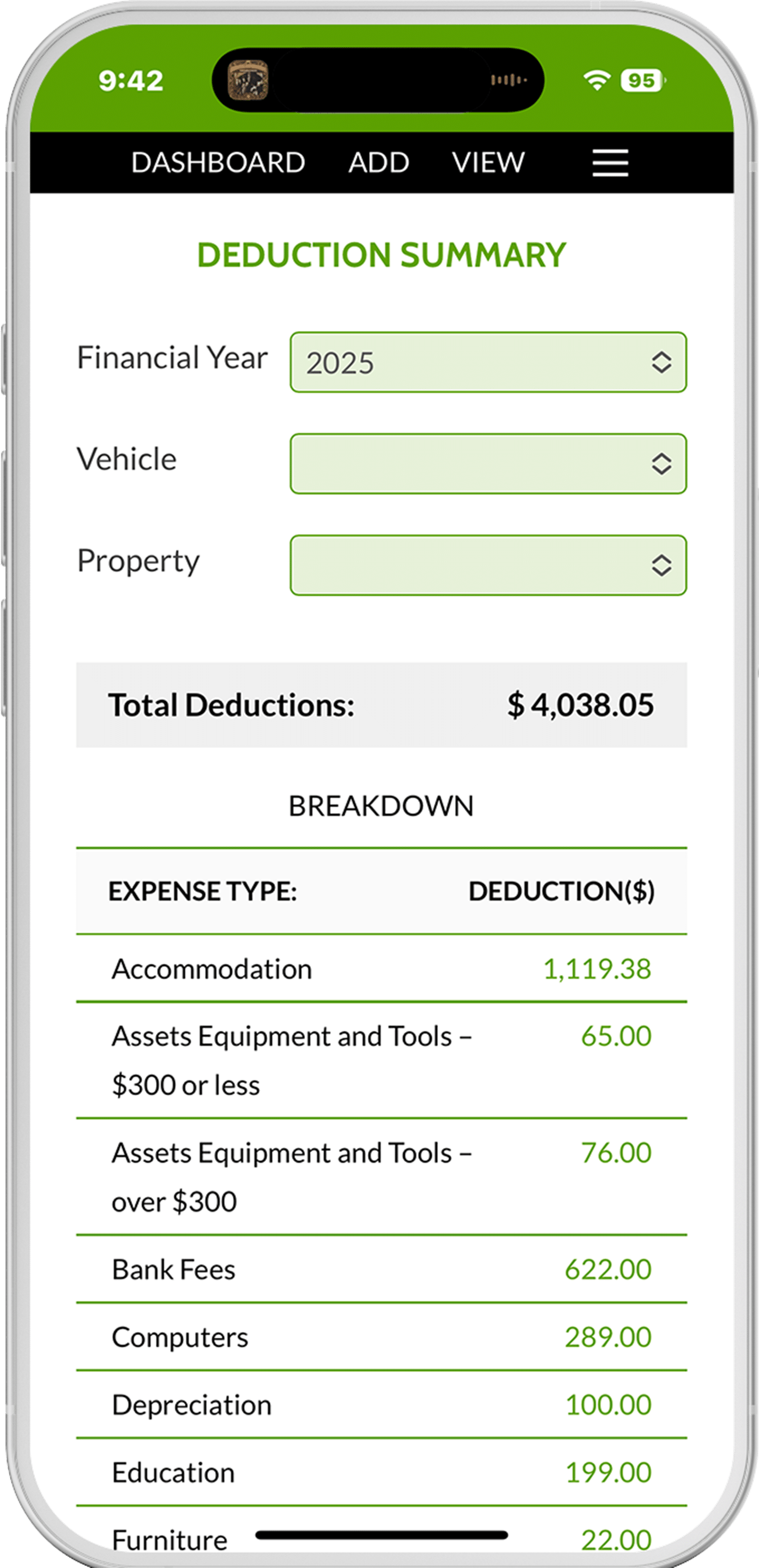 Deductifi app — deduction summary